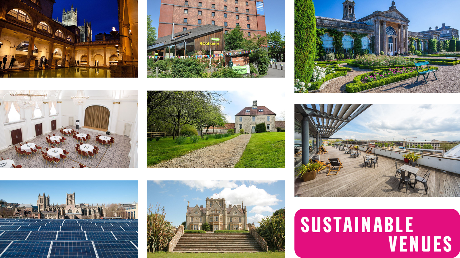 Collage of Bristol event venues with text 'sustainable venues' in bottom right corner